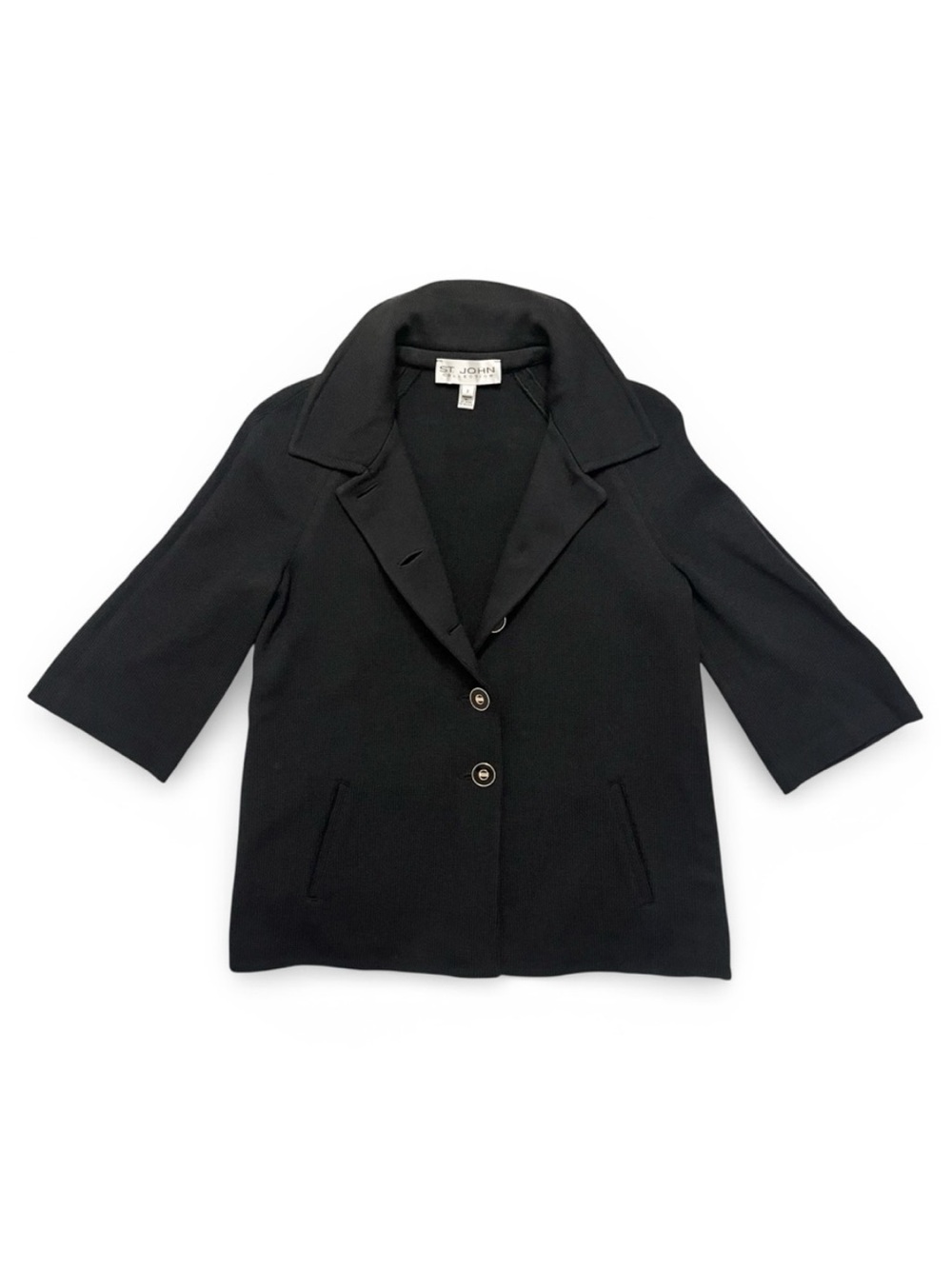 Vintage St John Collection Black Wool 3/4 Sleeve Knit Blazer Cardigan Gold 2